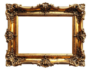 Ornate gold-gilded rectangular frame with elaborate scrollwork and decorative elements, isolated