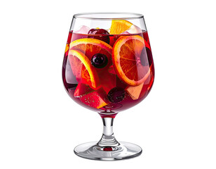 Close-up of sangria in a stemmed glass with ice, oranges, cherries, and red wine