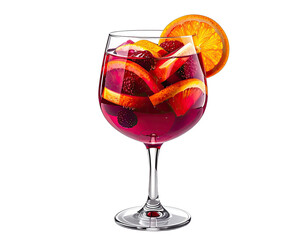 A refreshing red beverage filled with fruit in a clear stemmed glass