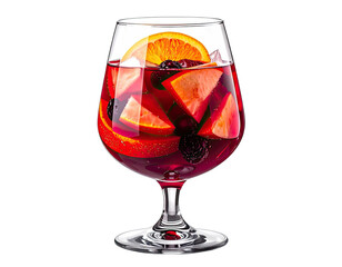Close-up of refreshing red drink with fruit slices and ice cubes in a stemmed glass