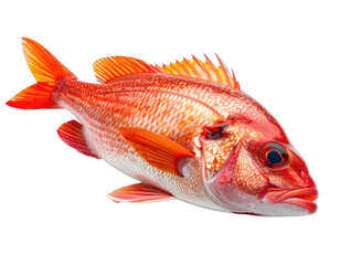 A vibrant, close-up view of a whole red fish with bright orange fins and scales, isolated on black