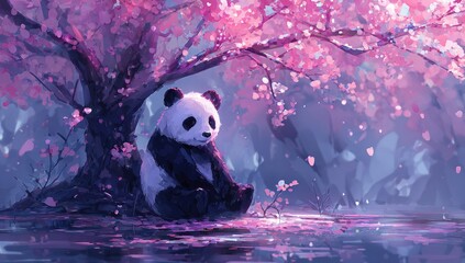 A panda sits under a blooming pink cherry blossom tree, near water, with ambient lighting