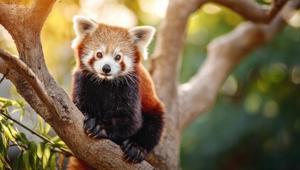A furry red panda sits in a tree, gazing intently at the camera, with sunlit bokeh