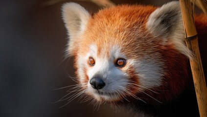 A close-up portrait of a fluffy, reddish-orange mammal with alert eyes peeking through bamboo