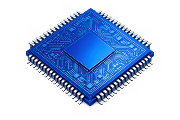 Blue cpu delivering data processing power, representing advanced computer hardware, integrated circuit, and digital technology on transparent background