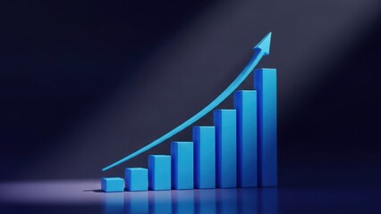 Rising blue bar chart with upward arrow on dark background illustrative