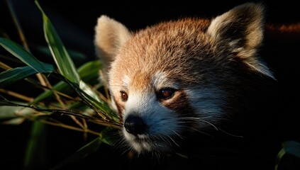 Close-up portrait of a small, reddish-brown mammal with dark eyes and bamboo foliage
