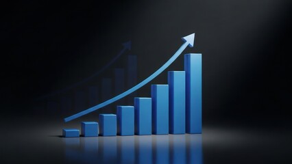 Blue bar graph with upward arrow illustrating business growth on dark background