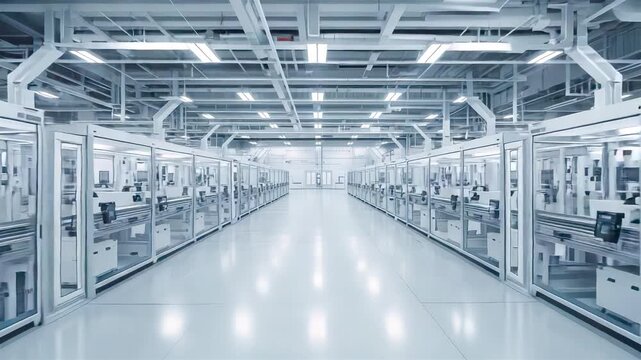 Modern sterile pharmaceutical production facility with rows of automated machinery assembly lines under bright blue white lighting