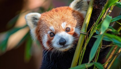 A red panda peeks out from behind bamboo stalks, gazing directly at the viewer