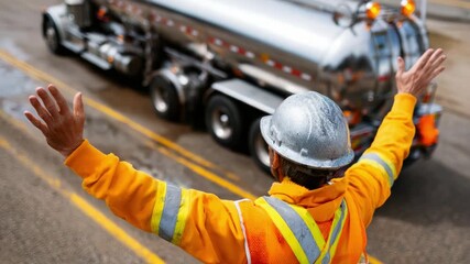 A construction worker in a reflective vest signals to a large tanker truck on the road, emphasizing safety and communication in heavy vehicle traffic management.