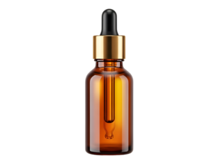 Amber Glass Dropper Bottle with Gold Cap & Black Dropper Isolated on Transparent Background 