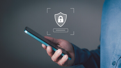 mobile security, OTP, encrypted login, two factor authentication (2FA), data protection, cybersecurity and safe access. Hand holding smartphone with digital shield and password icons.