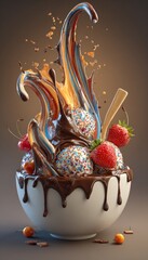 Delicious dessert explosion ice cream scoops with a chocolate and caramel eruption