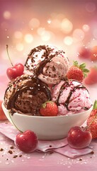 A white bowl overflows with three ice cream scoops, garnished with fruit and chocolate