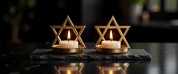 Star of David candle holders with lit candles on dark stone base