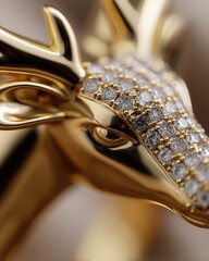 Close-up of a gold deer-shaped ring with diamond pave, highlighting the eye