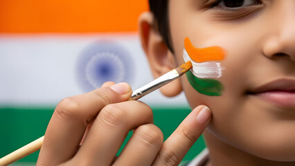 Young person receives national colors painted on face with paintbrush in front of blurred national flag background celebration event patriotic spirit