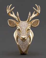 Gold ring shaped as a deer head, antlers outstretched, with diamonds on face