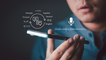 Real-time AI voice translation technology, global communication, and voice assistants for business: A man is speaking into a smartphone, with sound waveforms and multilingual icons displayed.