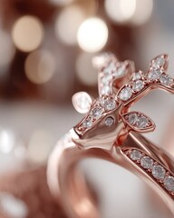 A rose gold ring featuring a deer design adorned with sparkling gemstones against a blurred background