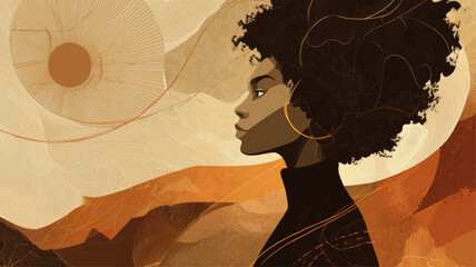 Stylized African American woman portrait celebrating Black History Month, female empowerment, cultural heritage, resilience, identity, and diversity representation background.