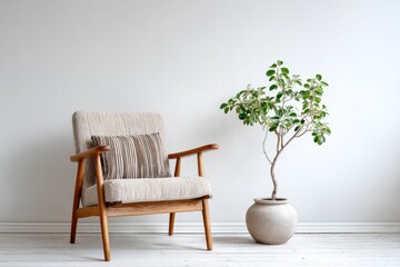 Armchair and potted plant arranged against a clean, bright wall.