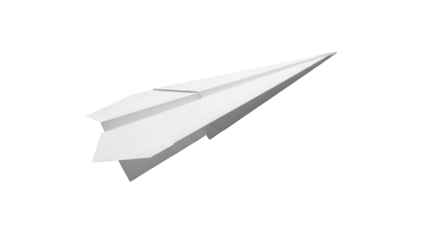A white paper airplane soars through a solid black background with its nose pointing upwards and to the right in a dynamic and sleek motion