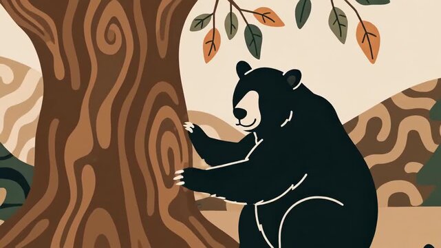 Animated Forest Scene Featuring a Bear Cub Interacting with Woodland Trees
