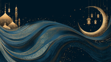 Elegant crescent moon and mosque illustration celebrating first day of Ramadan, Islamic spirituality, holy month beginning, and decorative religious background design.