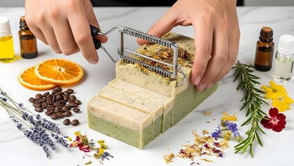 Close-up of hands cutting a large bar of handmade organic soap with a wire cutter, natural soap making process with dried herbs and essential oils.