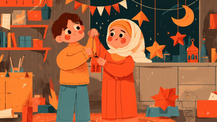 Muslim children decorating home on first day of Ramadan representing family tradition, joy, faith education, and warm Islamic holiday celebration.