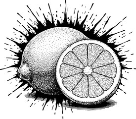 Obraz premium Stipple drawing of lemon fruit with ink splash effect.