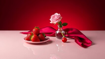 Fresh strawberries and pink rose on elegant table setting