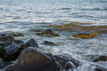 Obraz premium Close-up of sea surf and rocky coastline. Natural water movement and spray.