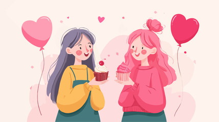 Two girls celebrating Galentine&rsquo;s Day outdoors with heart balloons and cupcakes representing friendship, joy, self love, and playful feminine connection.