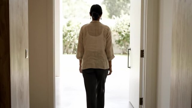 Adult at doorway threshold 4K video. A person pauses at an open doorway before leaving, emphasizing transition and stillness.