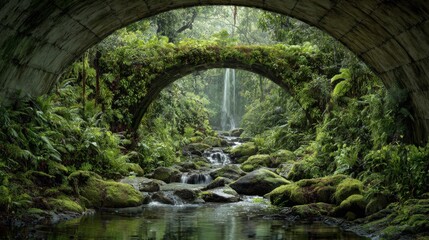 a bridge towards the most beautiful raw nature, view from inside the bridge, on the other side paradise nature with waterfall, streams 