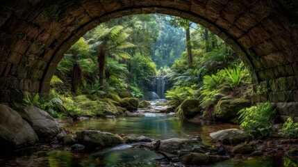 a bridge towards the most beautiful raw nature, view from inside the bridge, on the other side paradise nature with waterfall, streams 