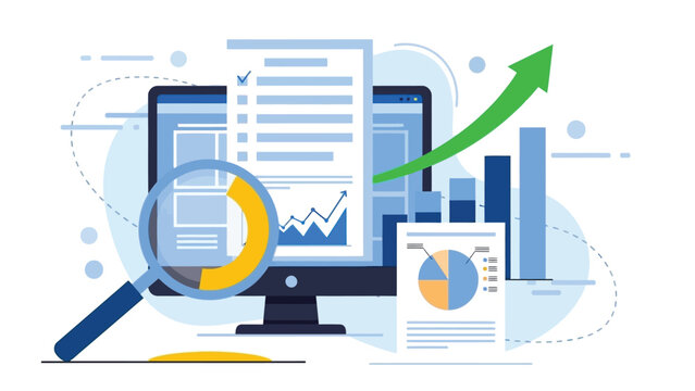 A modern analytics scene featuring a computer monitor, charts, a pie graph, and a magnifying glass, symbolizing data analysis, reporting, and business growth driven by insights and digital dashboards.