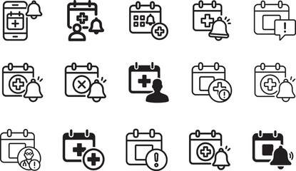 Appointment reminder notification outline icon set for calendar, alerts, scheduling, and reminders UI design.