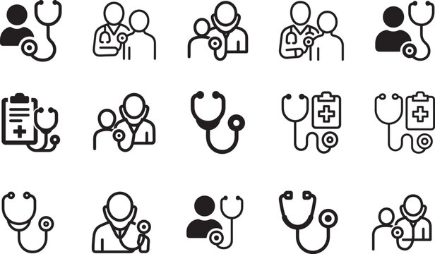 Health checkup and stethoscope outline icon set for medical, healthcare, diagnosis, clinic UI design.