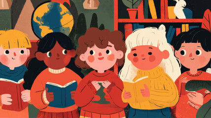 Multicultural Children Reading Together for International Mother Language Day Promoting Literacy, Inclusion, and Global Language Diversity