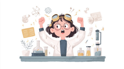 Cute girl scientist conducting experiment in modern laboratory classroom, women and girls in science education vector background