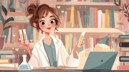 Smiling young female scientist holding test tubes in cozy laboratory, women and girls in science education vector illustration