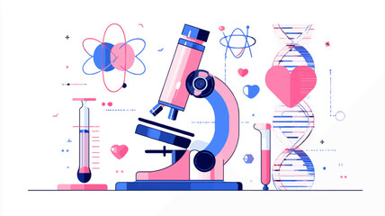 Modern science icons with microscope, DNA and medical symbols, women and girls in science education vector background