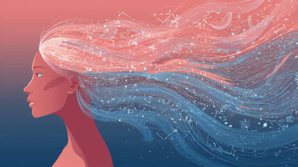 Abstract woman scientist profile with flowing data and knowledge symbols, women and girls in science empowerment vector background