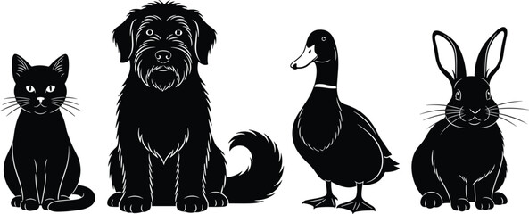 Cute pet animals silhouette illustration set, cat dog duck rabbit characters, friendly domestic pets collection, black vector artwork for kids design