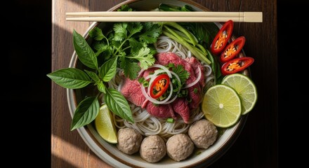Asian noodle soup dish garnished with fresh herbs sliced meat and citrus served with wooden utensils