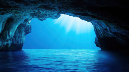 Serene cave entrance reveals tranquil blue waters illuminated by soft sunlight, creating peaceful and calming atmosphere